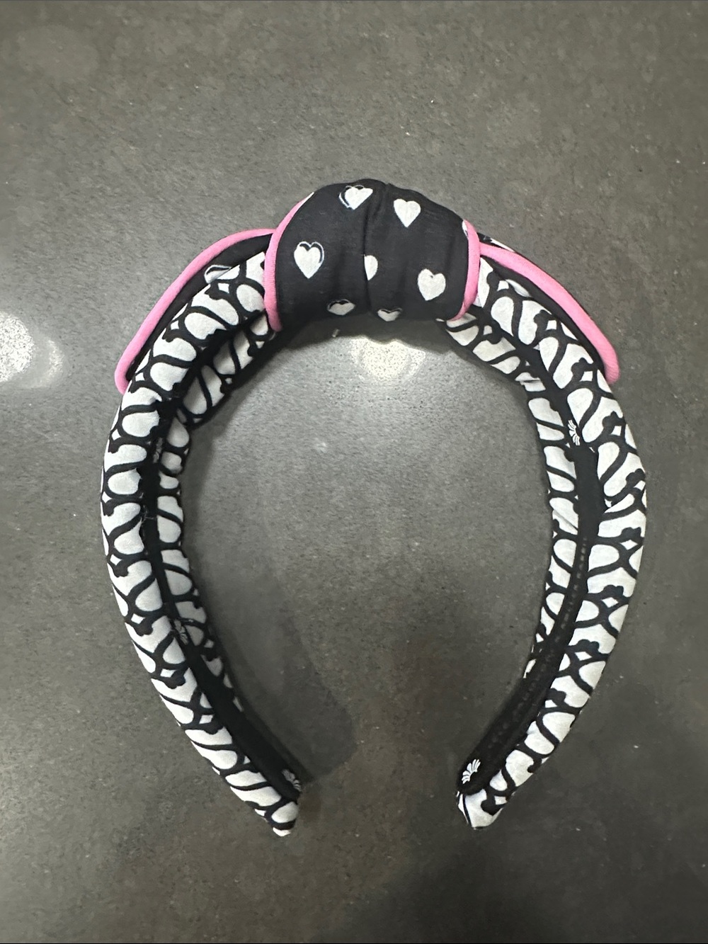 Toddler Headband- Black & White Heart Pattern Padded Headband with Pink Trim